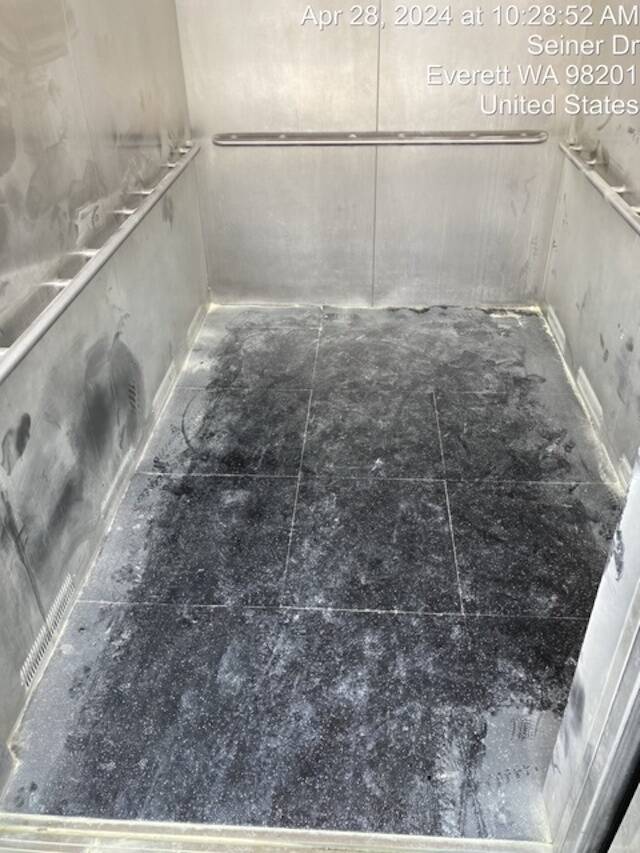 The Grand Avenue Park Bridge elevator after someone set off a fire extinguisher in the elevator last week, damaging the cables and brakes. (Photo provided by the city of Everett)