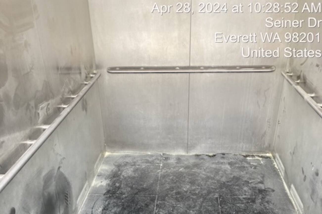 The Grand Avenue Park Bridge elevator after someone set off a fire extinguisher in the elevator last week, damaging the cables and brakes. (Photo provided by the City of Everett)