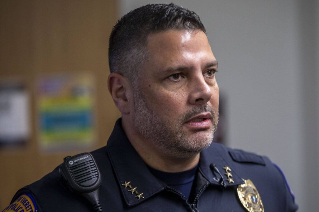 Everett Chief of Police John DeRousse speaks to the media after a bail hearing for Mitchell Gaff at Snohomish County Superior Court in Everett, Washington on May, 2, 2024.
