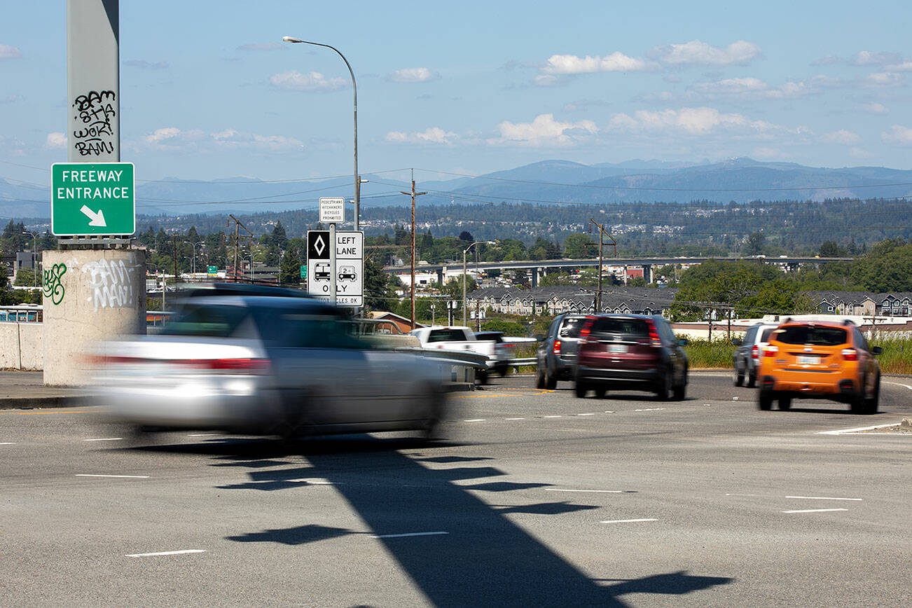 Vehicles turn onto the ramp to head north on I-5 from 41st Street in the afternoon on Friday, June 2, 2023, in Everett, Washington. (Ryan Berry / The Herald)