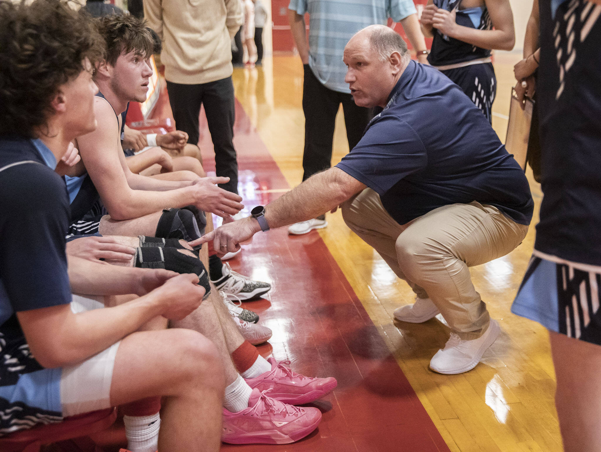 Sultan boys basketball coach Nate Trichler talks to his team during a timeout on Tuesday, Jan. 23, 2024 in Shoreline, Washington. Trichler is stepping down after 24 years coaching the Turks. (Olivia Vanni / The Herald)