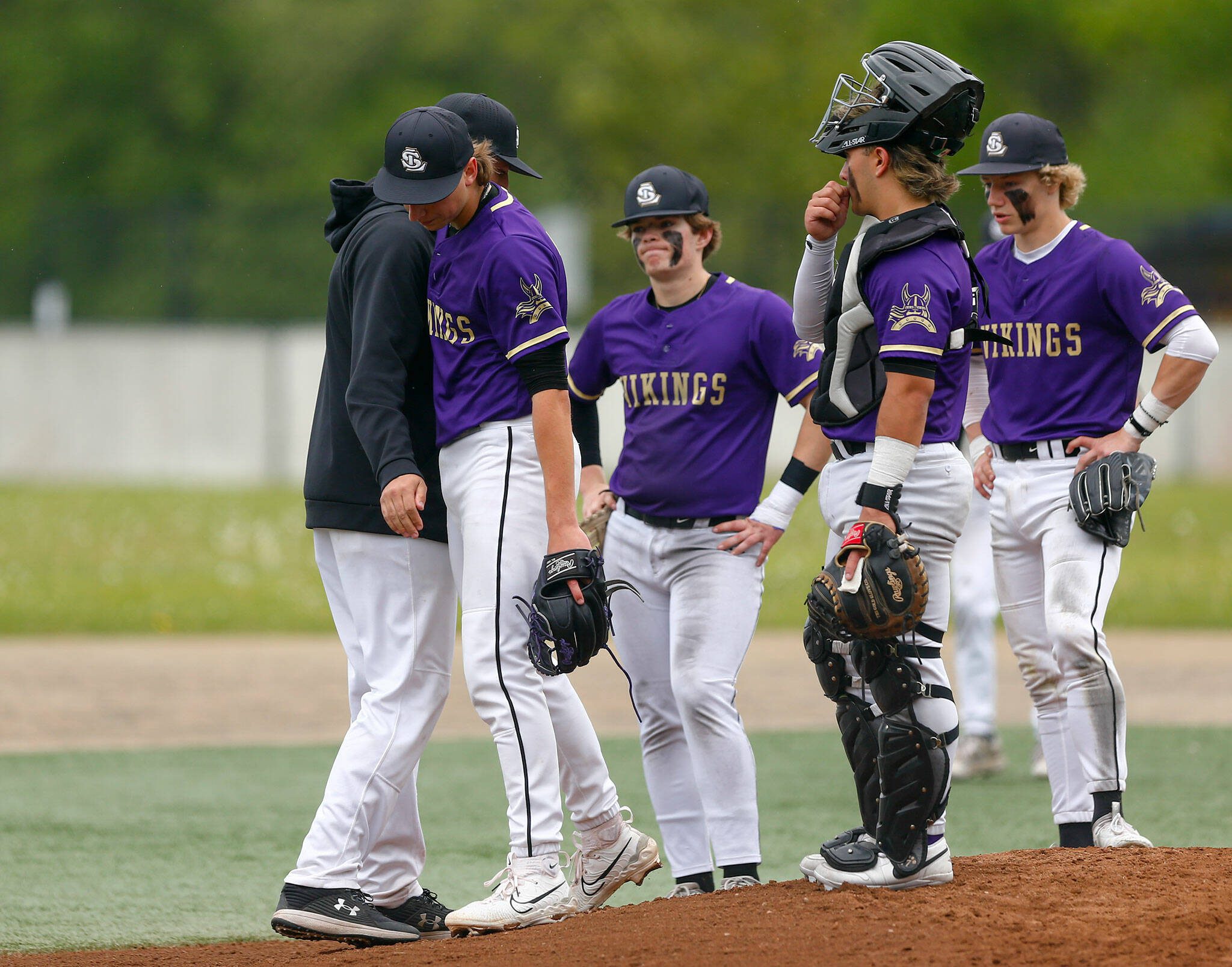 Lake Stevens pitcher Trey Nance heads off the mound after getting pulled during a playoff loss to Bothell on Saturday, May 4, 2024, in Lake Stevens, Washington. (Ryan Berry / The Herald)