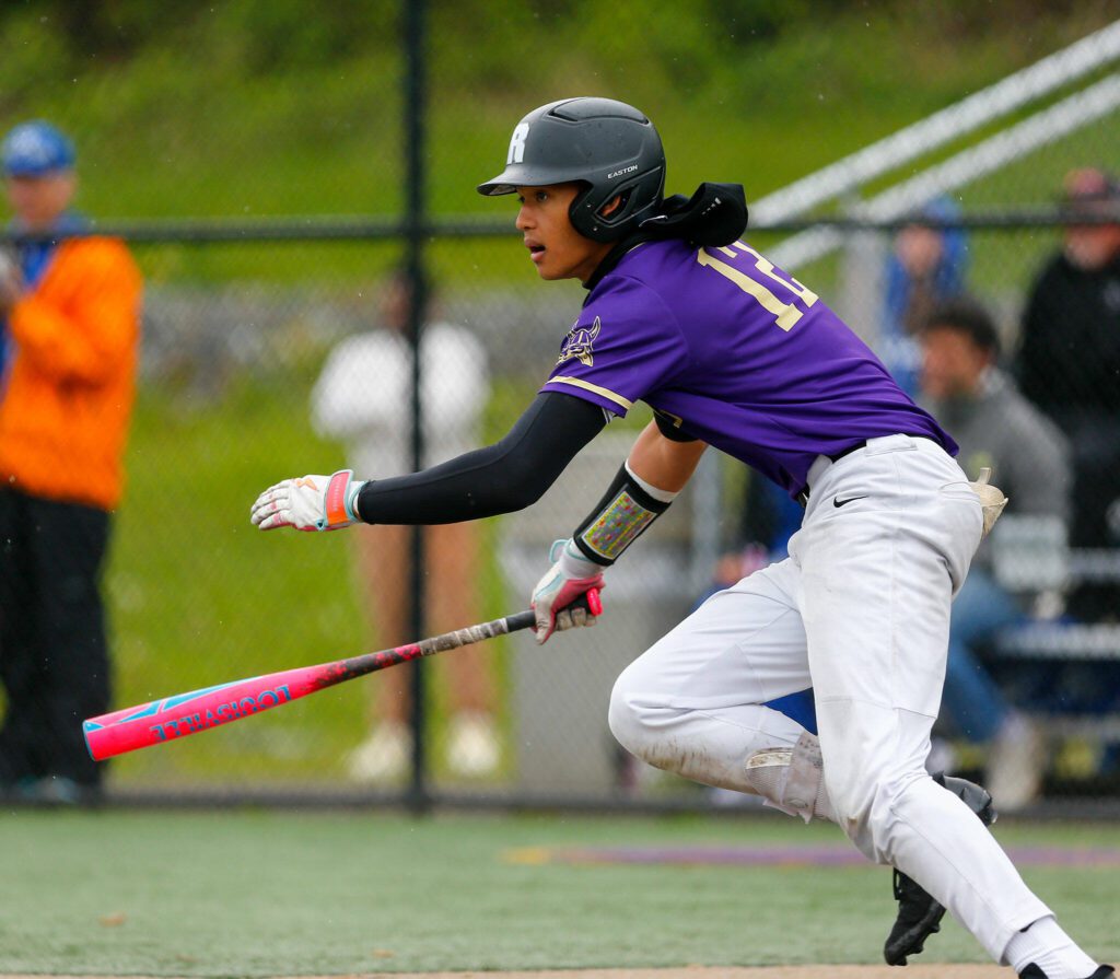 Lake Stevens’ Julian Wilson runs out of the box on a base knock during a playoff loss to Bothell on Saturday, May 4, 2024, in Lake Stevens, Washington. (Ryan Berry / The Herald)
