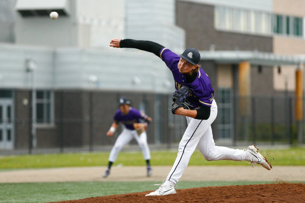 Lake Stevens’ Trey Nance deals early in the game during a playoff loss to Bothell on Saturday, May 4, 2024, in Lake Stevens, Washington. (Ryan Berry / The Herald)
