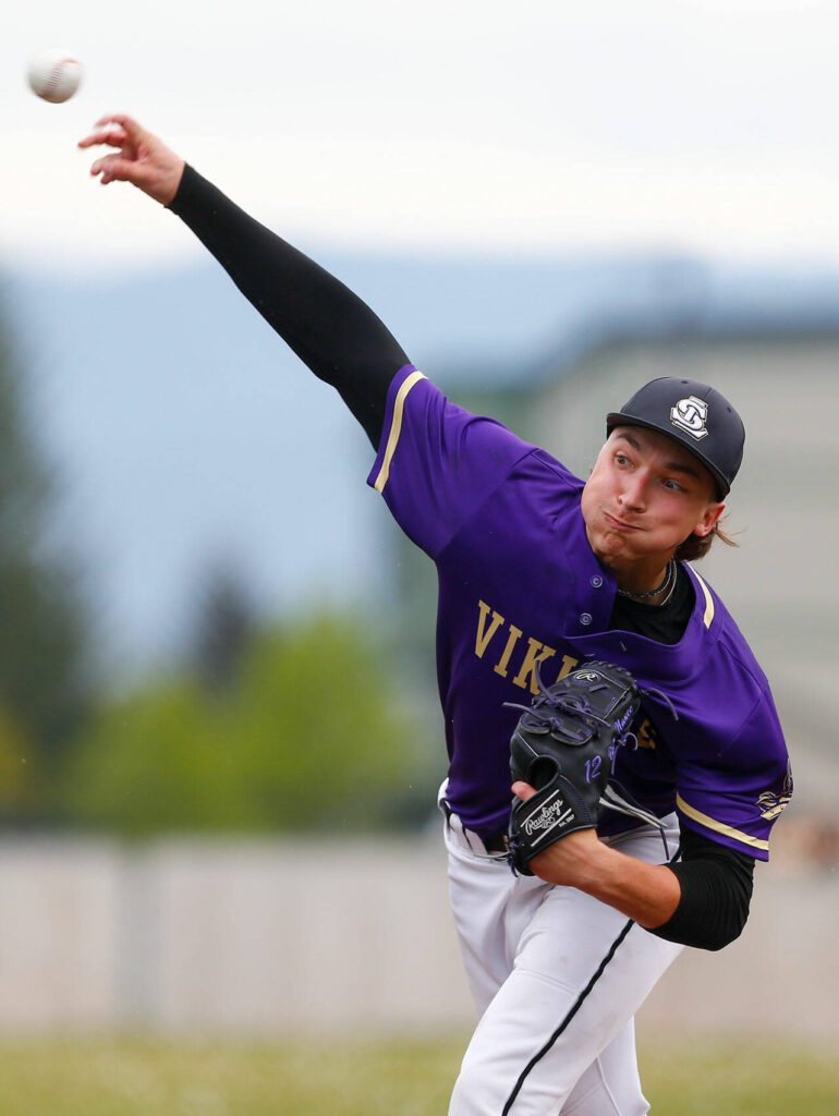 Lake Stevens pitcher Trey Nance deals during a playoff loss to Bothell on Saturday, May 4, 2024, in Lake Stevens, Washington. (Ryan Berry / The Herald)
