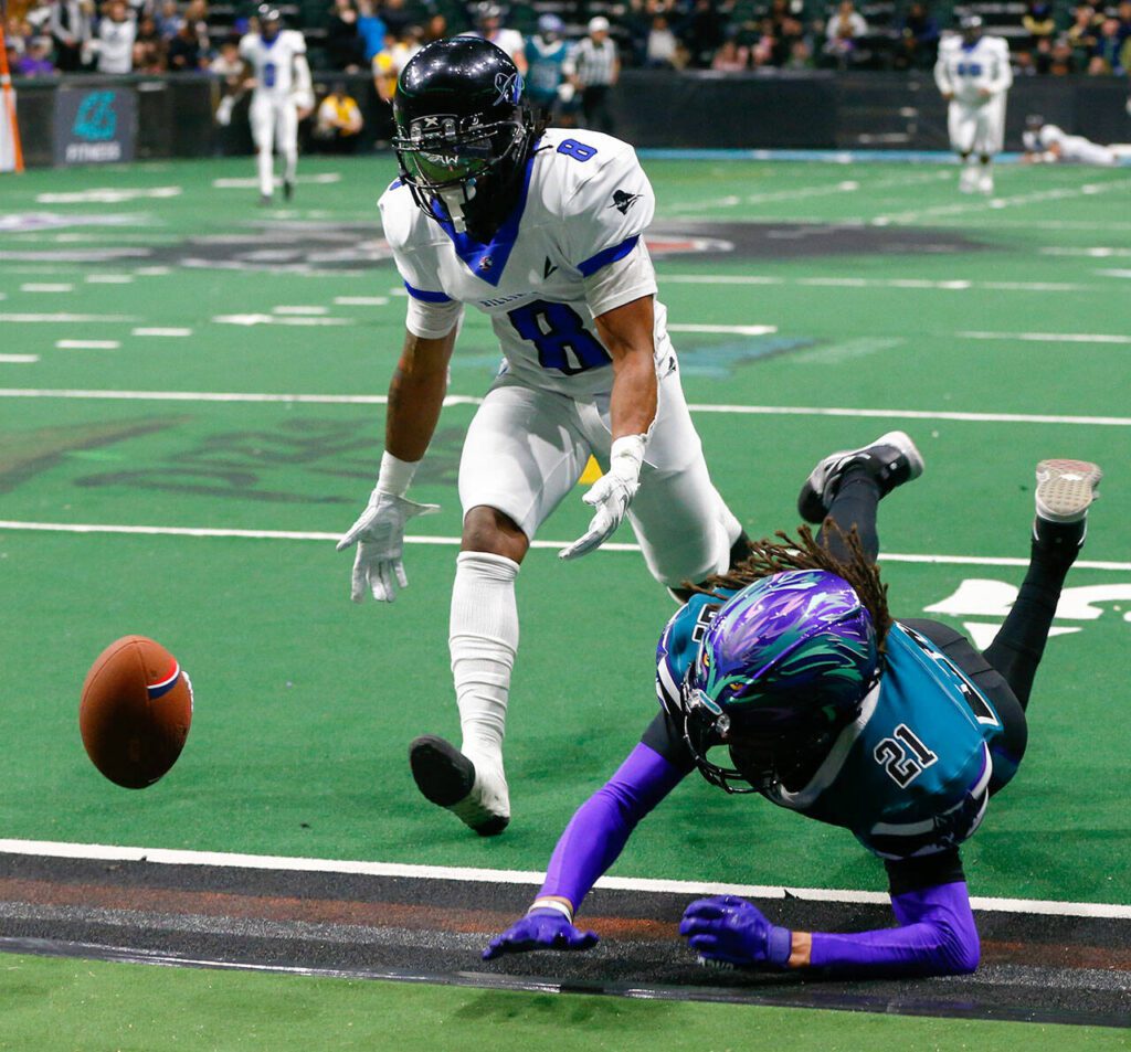 JR Nelson hits the ground hard, injuring himself during the Washington Wolfpack’s inaugural home opener against Billings on Sunday, May 5, 2024, a Angel of the Winds Arena in Everett, Washington. (Ryan Berry / The Herald)
