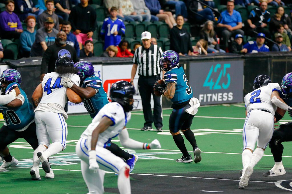 Quarterback Jacob Ta’ase drops back to pass during the Washington Wolfpack’s inaugural home opener against Billings on Sunday, May 5, 2024, a Angel of the Winds Arena in Everett, Washington. (Ryan Berry / The Herald)
