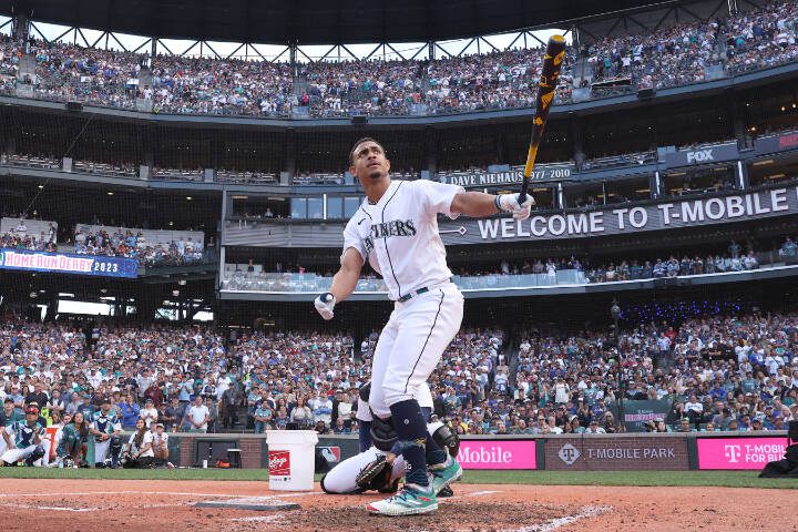 Julio Rodríguez (44) reacts during the T-Mobile Home Run Derby on July 10, 2023, at T-Mobile Park in Seattle. (Steph Chambers/Getty Images/TNS)