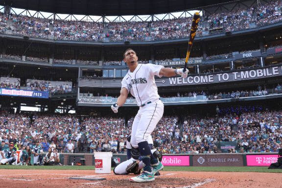 Julio RodrÃ­guez (44) of the Seattle Mariners reacts during the T-Mobile Home Run Derby at T-Mobile Park on July 10, 2023, in Seattle, Washington. (Steph Chambers/Getty Images/TNS)