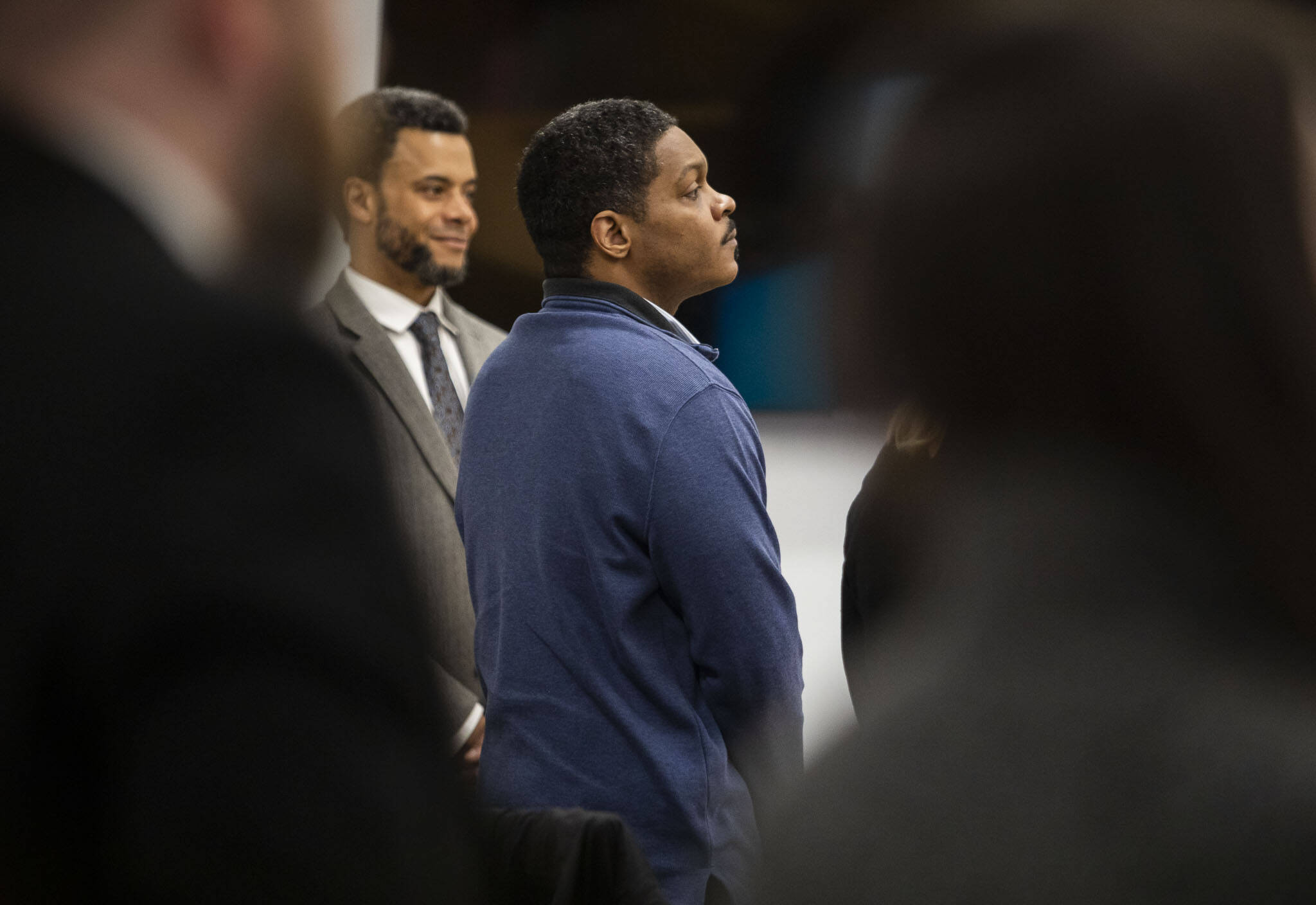 Jamel Alexander stands as the jury enters the courtroom during his trial at the Snohomish County Courthouse on Monday, May 6, 2024 in Everett, Washington. (Olivia Vanni / The Herald)