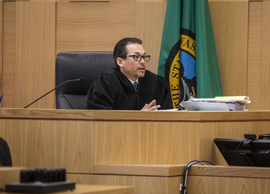 Judge William Steffener declares a mistrial after a deadlocked jury couldn’t reach a verdict in the trial of Jamel Alexander at the Snohomish County Courthouse on Monday, May 6, 2024 in Everett, Washington. (Olivia Vanni / The Herald)
