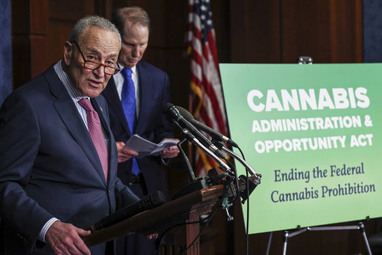 Senate Majority Leader Chuck Schumer, D-N.Y., speaks to reporters during a press conference about the Cannabis Administration and Opportunity Act, on Capitol Hill in Washington, on May 1. Senate Democrats reintroduced broad legislation on Wednesday to legalize cannabis on the federal level, a major shift in policy that has wide public support, but which is unlikely to be enacted this year ahead of November’s elections and in a divided government. (Valerie Plesch / The New York Times)