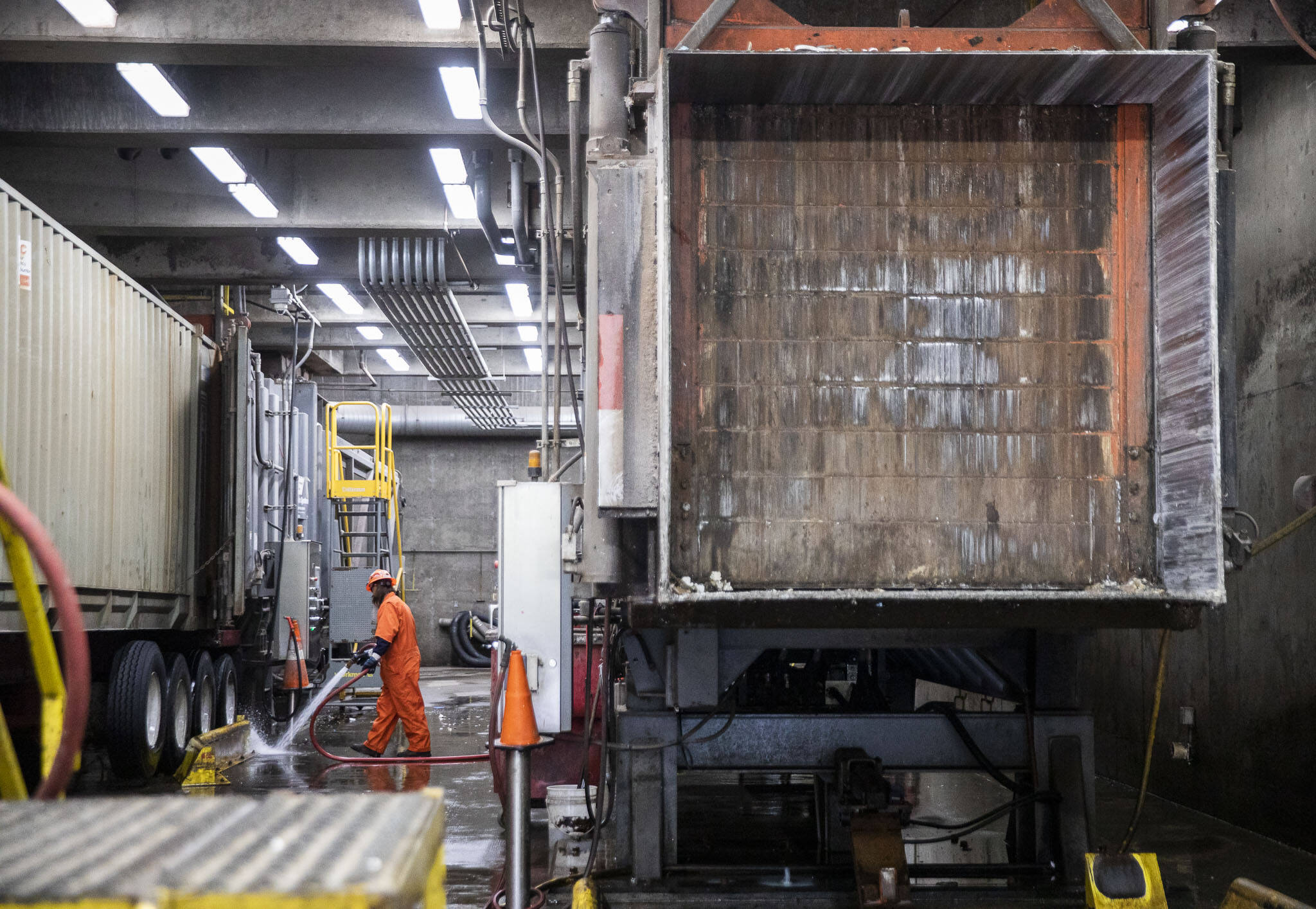 One of two trash compactors at Airport Road Recycling & Transfer Station on Thursday, Nov. 30, 2023 in Everett, Washington. (Olivia Vanni / The Herald)