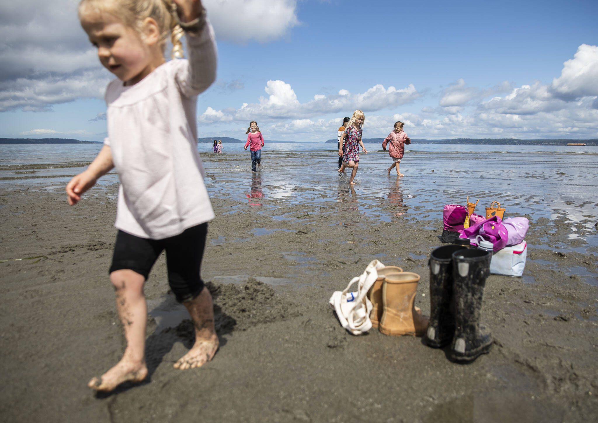 Rylee Fink, 3, left, stomps through the sand while other children run through the water during a low tide at Howarth Park on Tuesday, May 7, 2024 in Everett, Washington. (Olivia Vanni / The Herald)