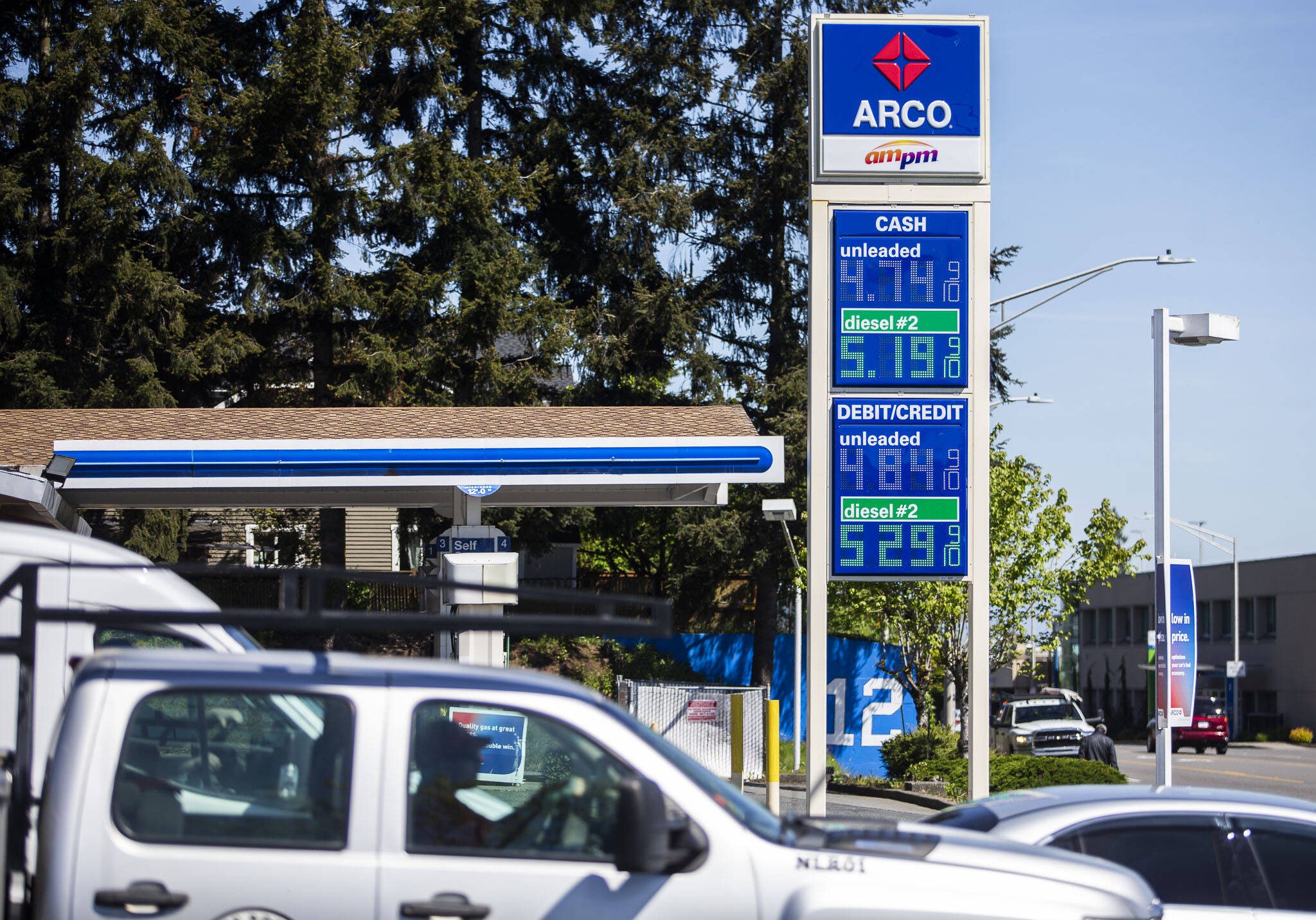 A gas station at the intersection of 41st Street and Rucker Avenue advertises diesel for more than $5 a gallon and unleaded for more than $4.70 a gallon on Friday, May 10, 2024 in Everett, Washington. (Olivia Vanni / The Herald)