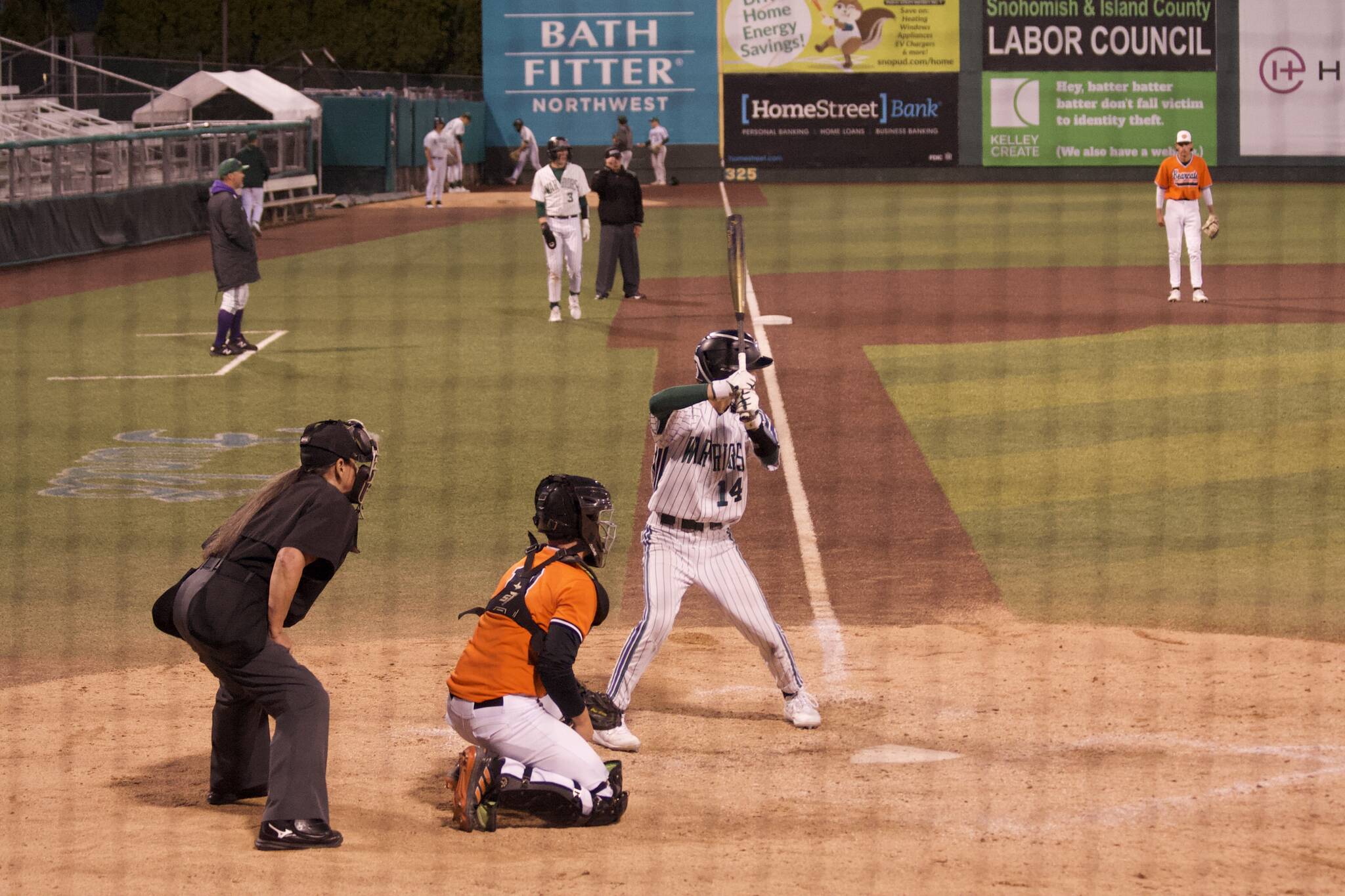 Edmonds-Woodway sophomore Toshi Gilginas bats during a Class 3A District 1 semifinal baseball game between the Warriors and Monroe on Tuesday at Funko Field. Edmonds-Woodway won 8-4. (Taras McCurdie / The Herald)