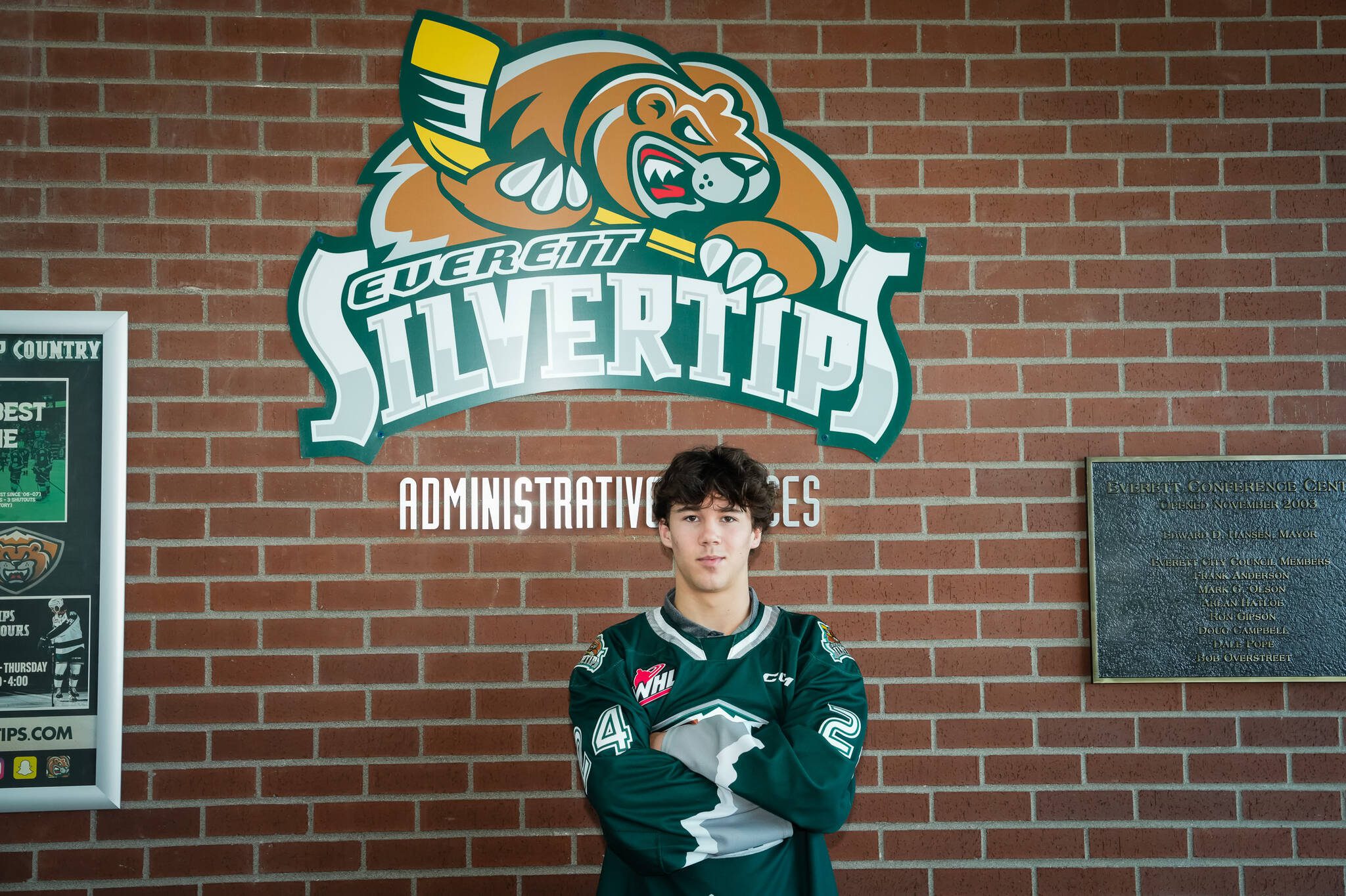 Defenseman Landon DuPont, who the Everett Silvertips selected first overall in Thursday’s WHL prospects draft, poses in front of the Tips’ offices. (Photo courtesy of Chris Mast)