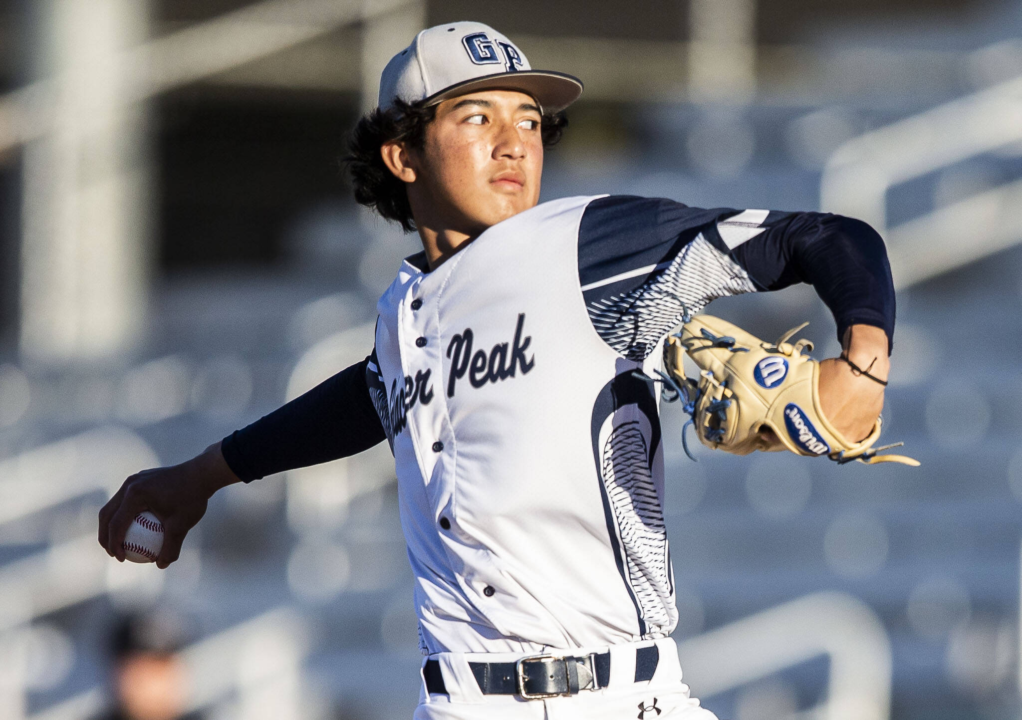 Glacier Peak’s Khristian Prom throws a pitch during the 4A district game against Bothell at Funko Field on Thursday, May 9, 2024 in Everett, Washington. (Olivia Vanni / The Herald)
