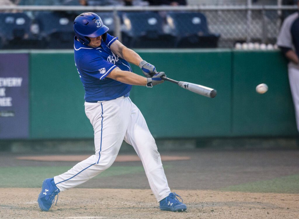 Bothell’s Nolan Ledoux gets a hit during the 4A district game against Glacier Peak at Funko Field on Thursday, May 9, 2024 in Everett, Washington. (Olivia Vanni / The Herald)

