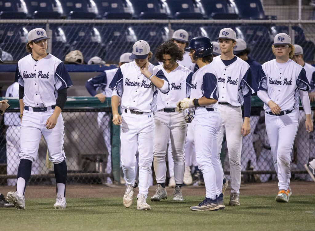 Gracie Peak players lose to Bothell in the 4A district game at Funko Field on Thursday, May 9, 2024 in Everett, Washington. (Olivia Vanni / The Herald)
