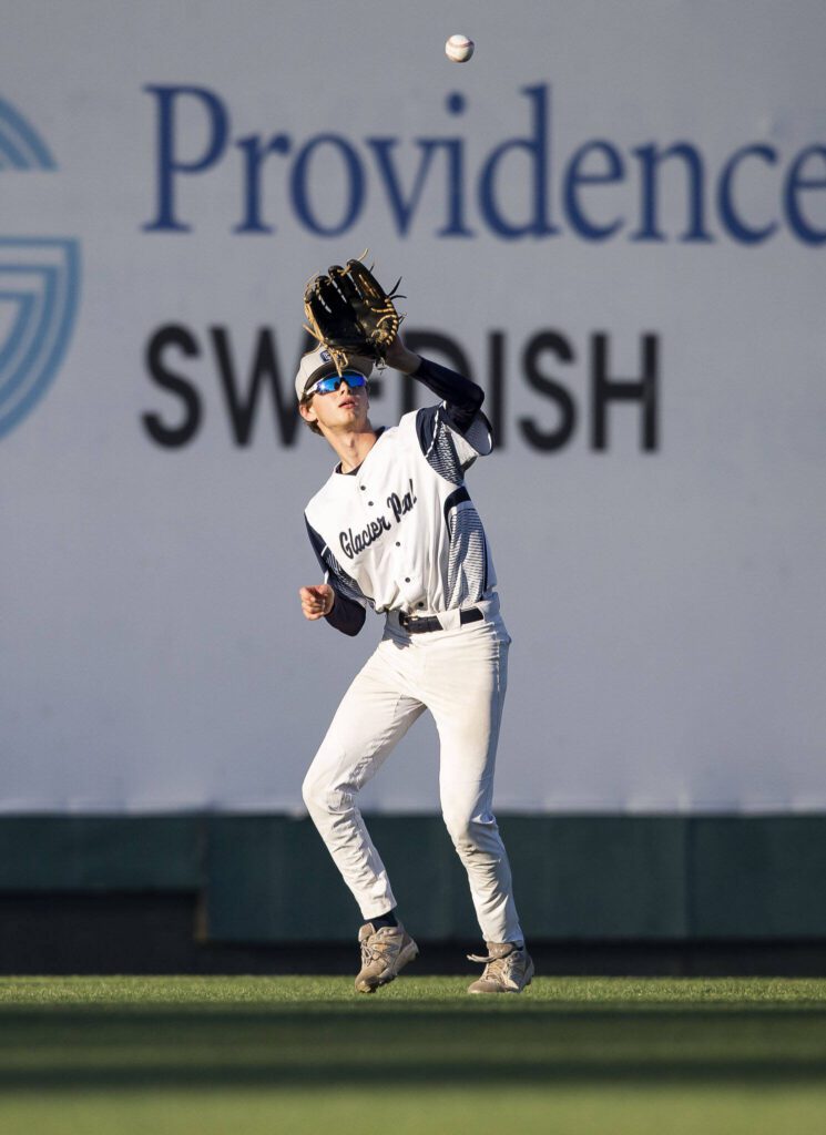 Glacier Peak’s John Grose makes a catch in the outfield during the 4A district game against Bothell at Funko Field on Thursday, May 9, 2024 in Everett, Washington. (Olivia Vanni / The Herald)
