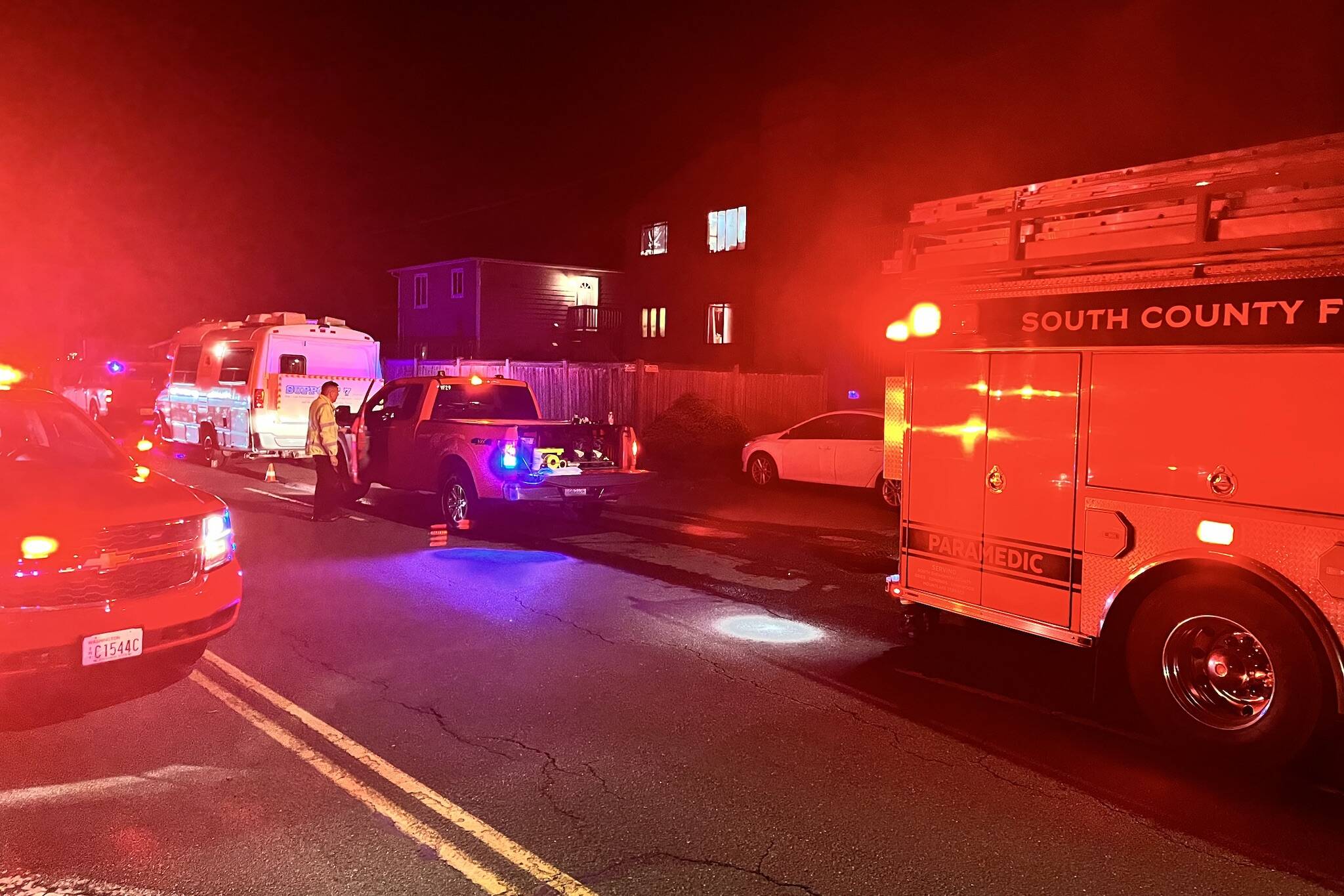 Firefighters extinguish an apartment fire off Edmonds Way on Thursday May 9, 2024. (Photo provided by South County Fire)