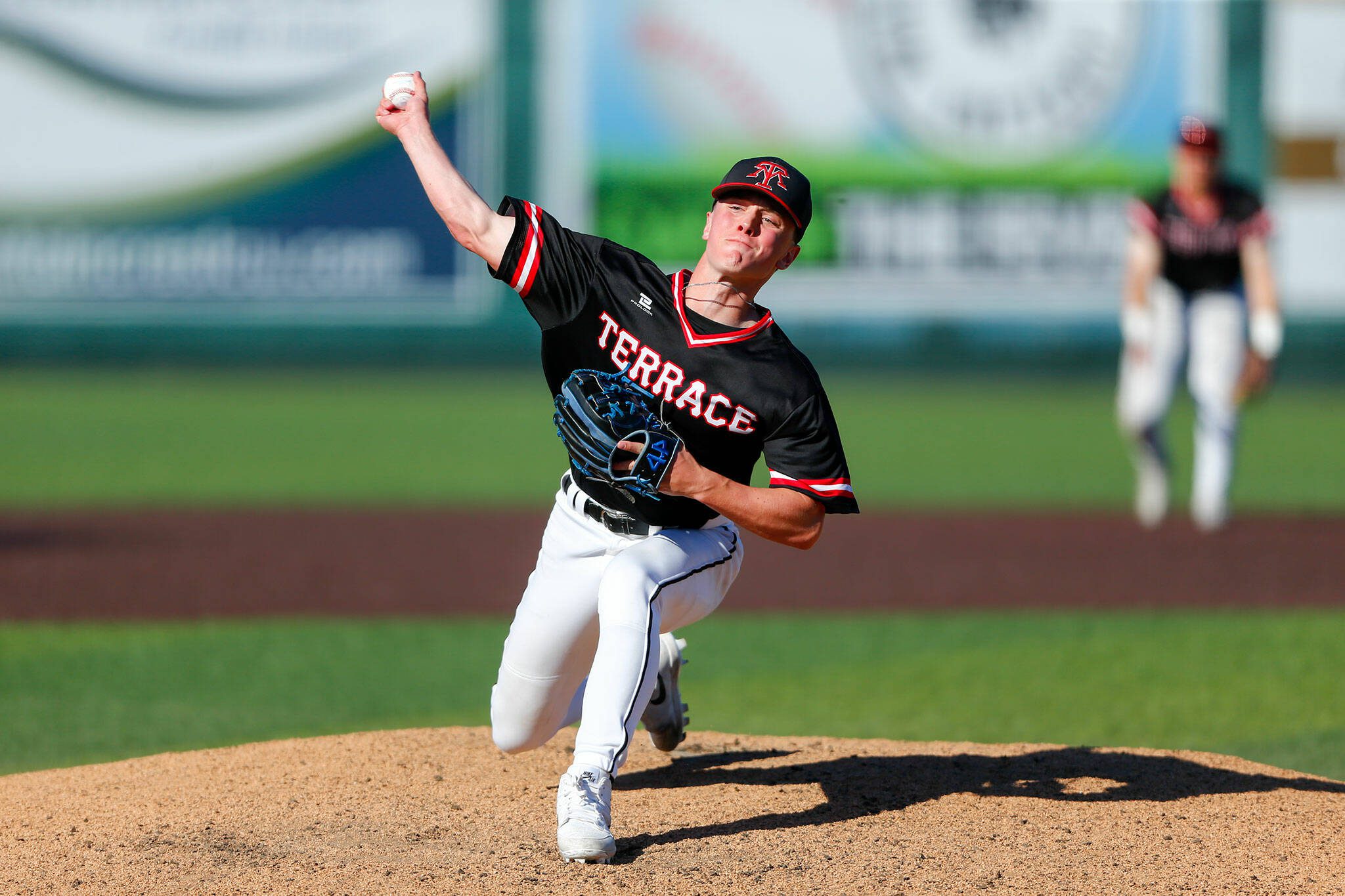 Mountlake Terrace sophomore starting pitcher Owen Meek deals against Edmonds-Woodway in the Class 3A District 1 baseball championship Saturday, May 11, 2024, at Funko Field in Everett, Washington. (Ryan Berry / The Herald)