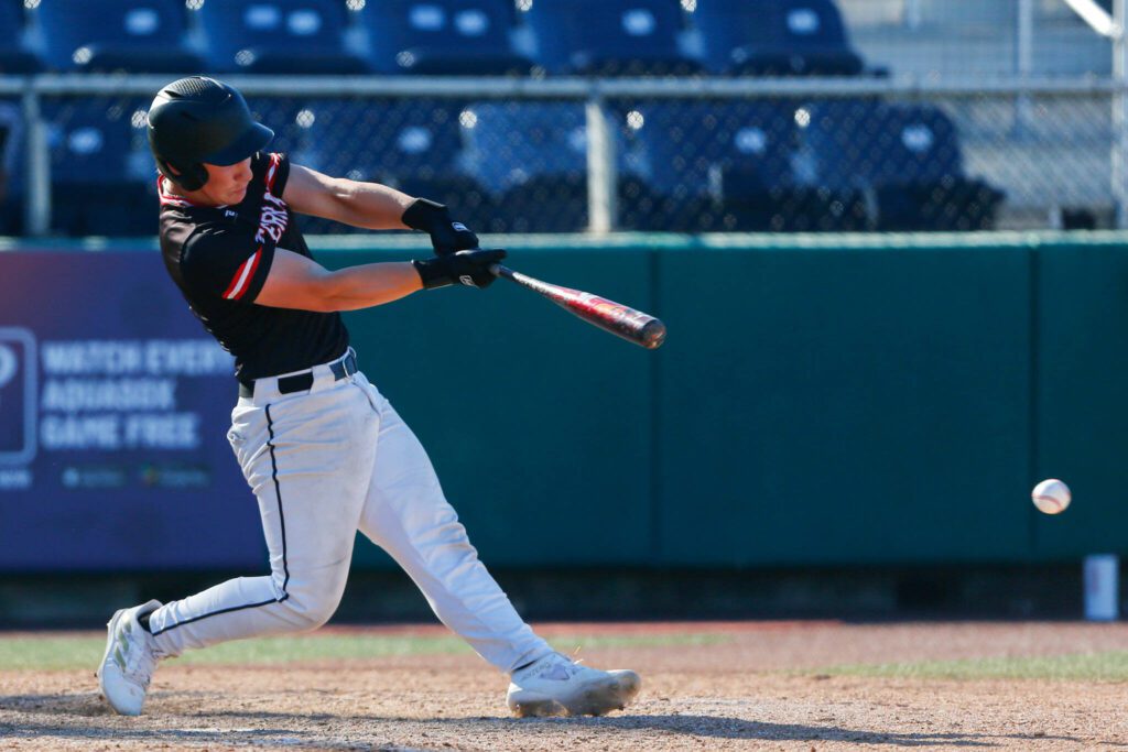 Mountlake Terrace junior infielder Nolan Valdivia reaches safely on a fielder’s choice against Edmonds-Woodway in the Class 3A District 1 baseball championship Saturday, May 11, 2024, at Funko Field in Everett, Washington. (Ryan Berry / The Herald)
