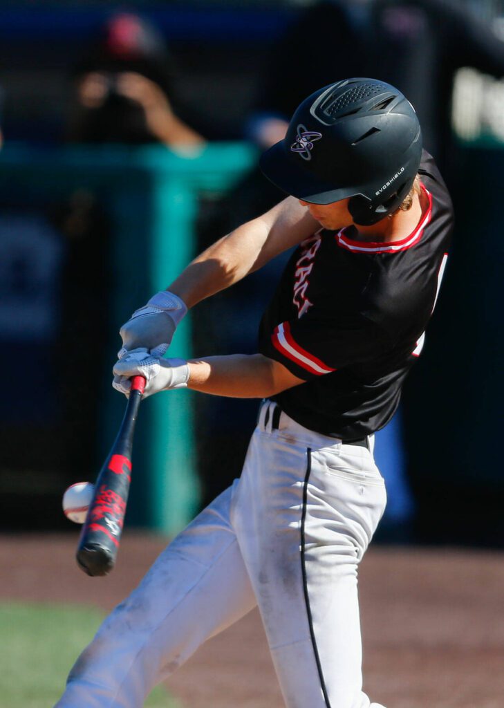 Mountlake Terrace’s Ryan Sturgill hits into an out against Edmonds-Woodway in the Class 3A District 1 baseball championship Saturday, May 11, 2024, at Funko Field in Everett, Washington. (Ryan Berry / The Herald)
