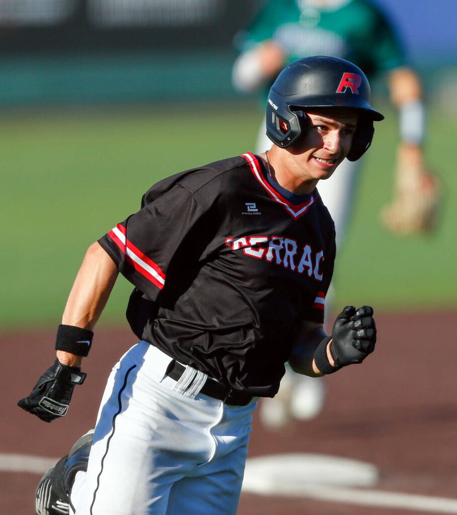 Mountlake Terrace’s Tyler Shankle makes the turn at third on his way to scoring against Edmonds-Woodway in the Class 3A District 1 baseball championship Saturday, May 11, 2024, at Funko Field in Everett, Washington. (Ryan Berry / The Herald)
