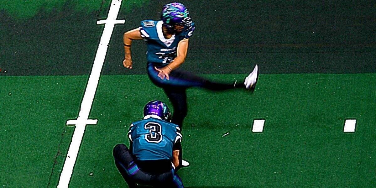Washington Wolfpack kicker Melissa Strother became the first female to score a point in Arena Football League history, but the Wolfpack fell 34-21 to the West Texas Desert Hawks on Sunday at Angel of the Winds Arena (Photo courtesy of Jim Matson, Inside Arena)