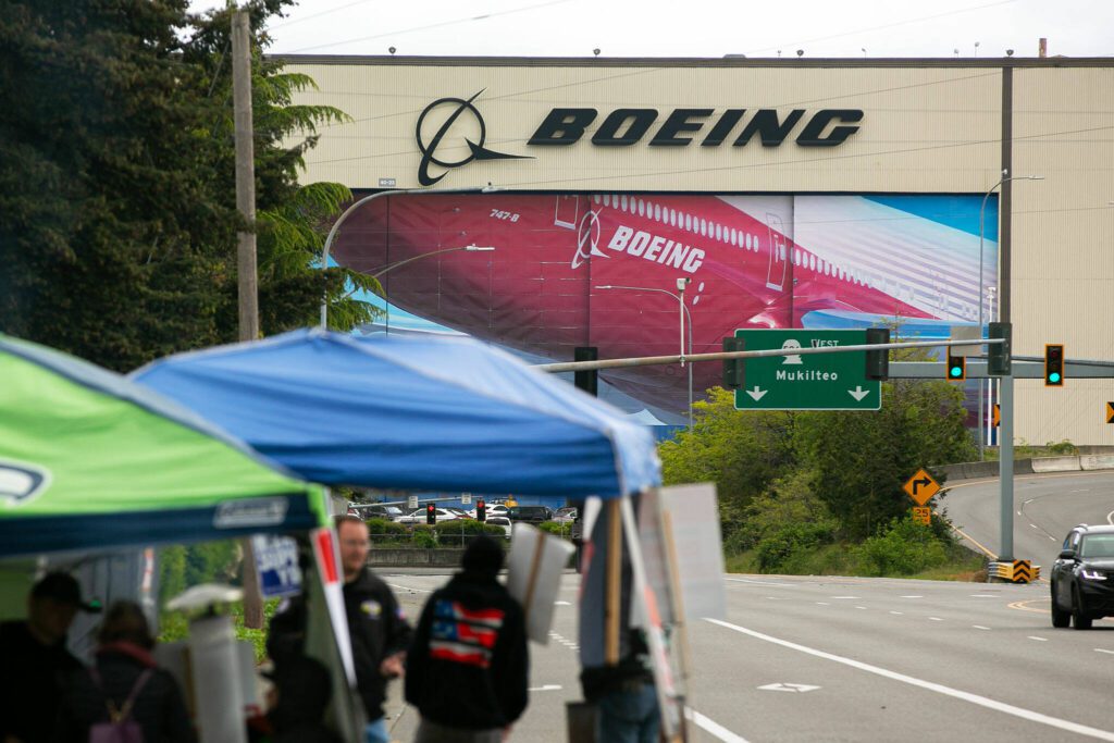 Boeing Firefighters and supporters have a camp set up outside of Boeing on Airport Road as the company’s lockout of union firefighters approaches two weeks on Thursday, May 16, 2024, in Everett, Washington. (Ryan Berry / The Herald)
