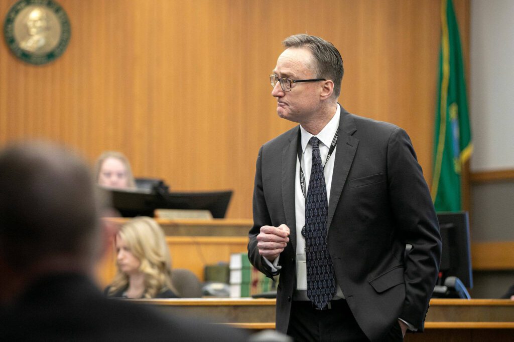 Deputy prosecutor Craig Matheson lays out a lengthy opening statement during the trial of Alan Dean, who is accused of the 1993 murder of Melissa Lee, on Monday, March 18, 2024, at Snohomish County Superior Court in Everett, Washington. (Ryan Berry / The Herald)
