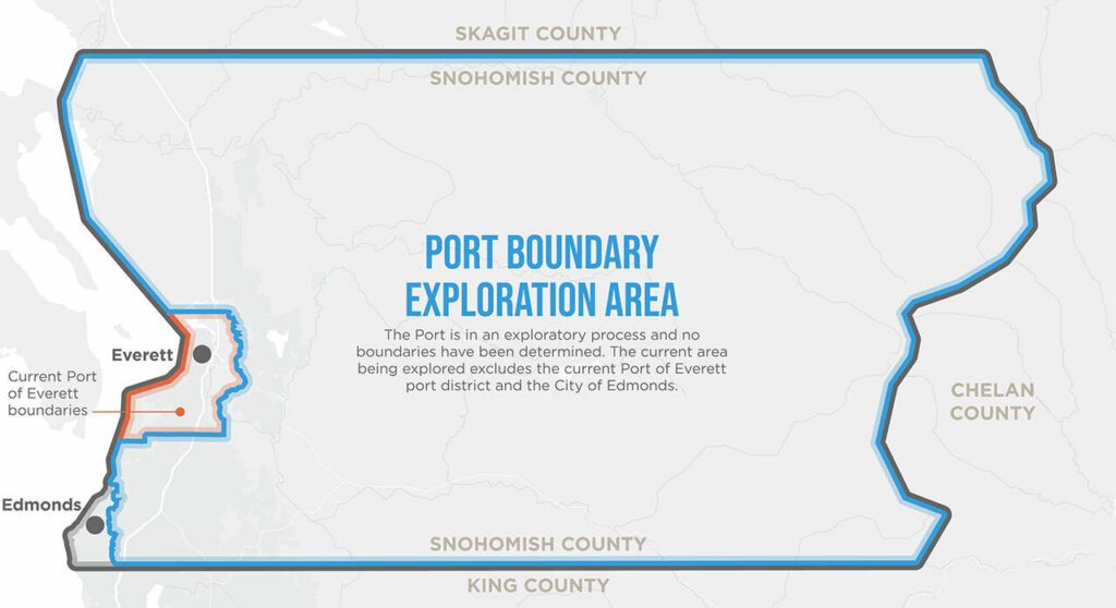 A graphic mapping the Port of Everett boundary exploration area taken from a Port of Everett economic and legal assessment report for potential expansion titled “Exploring Beyond Our Boundaries” (December 2023).
