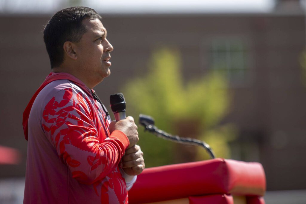James Madison speaks during a ceremony for the healing pole students spent the last year carving along with Madison at Archbishop Murphy High School in Everett, Washington on Wednesday, May 15, 2024. (Annie Barker / The Herald)
