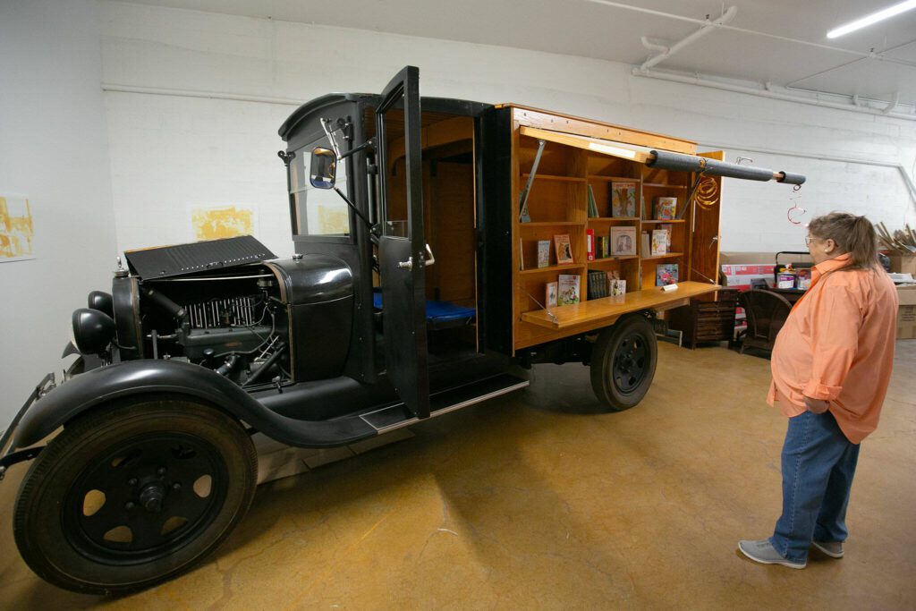 Pegasus, a 1929 Ford Model AA that once served as Everett Public Library’s bookmobile, is parked in the basement of the Everett Museum of History’s Colby building on Thursday, May 16, 2024, in downtown Everett, Washington. (Ryan Berry / The Herald)
