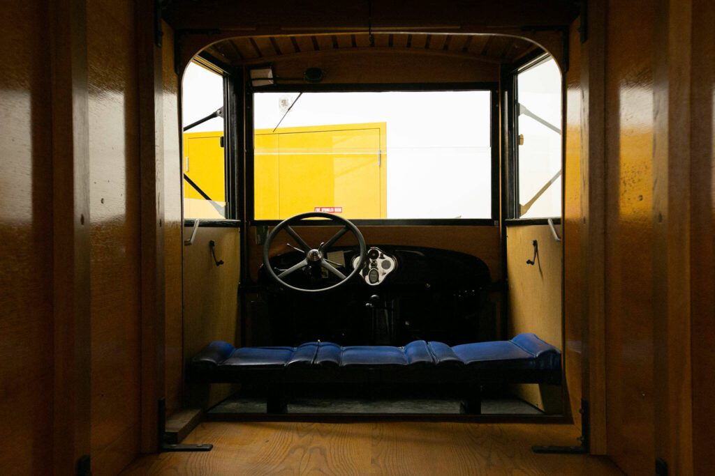 An inside view of Pegasus, a 1929 Ford Model AA that once served as Everett Public Library’s bookmobile, which is parked in the basement of the Everett Museum of History’s Colby building on Thursday, May 16, 2024, in downtown Everett, Washington. (Ryan Berry / The Herald)
