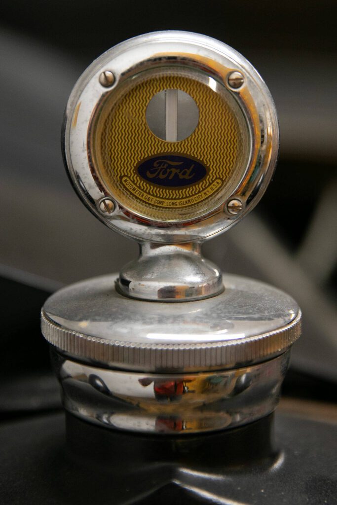 The hood ornament on Pegasus, a 1929 Ford Model AA that once served as Everett Public Library’s bookmobile, is seen in the basement of the Everett Museum of History’s Colby building on Thursday, May 16, 2024, in downtown Everett, Washington. (Ryan Berry / The Herald)
