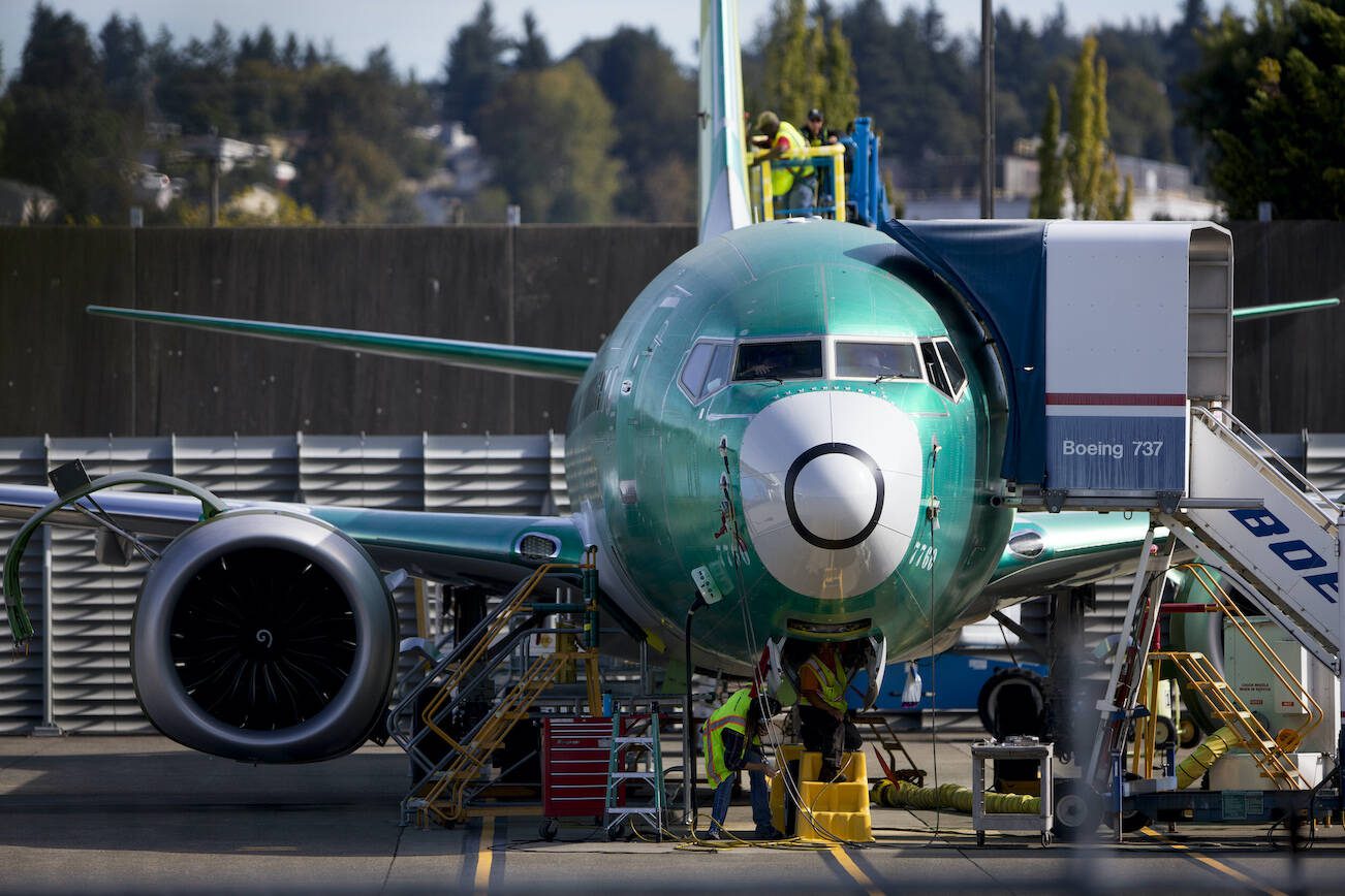 FILE -- A 737 Max airplane at Boeing's facilities in Renton, Wash., Oct. 2, 2019. The Department of Justice said on Tuesday, May 14, 2024, that Boeing was in violation of a 2021 settlement related to problems with the company’s 737 Max model that led to two deadly plane crashes in 2018 and 2019. (Lindsey Wasson/The New York Times)