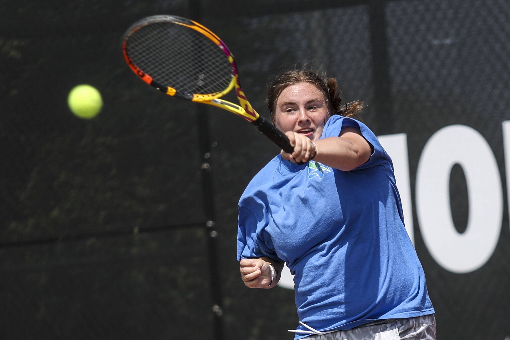 Shorewood’s Rylie Gettmann hits the ball during the Class 3A District 1 girls tennis tournament at Snohomish High School in Snohomish, Washington on Wednesday, May 15, 2024. (Annie Barker / The Herald)