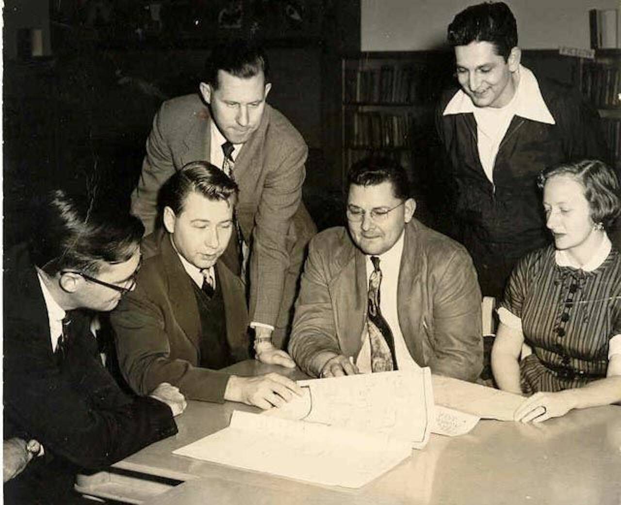The original Mountlake Terrace City Council, Patricia Neibel bottom right, with city attorney, sign incorporation ordinance in 1954. (Photo provided by the City of Mountlake Terrace)