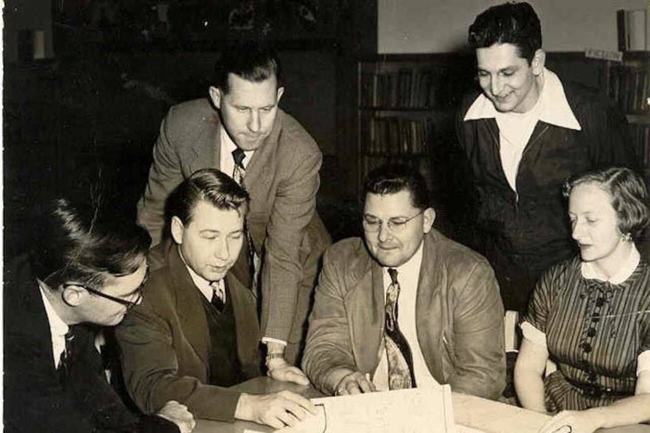 The original Mountlake Terrace City Council, Patricia Neibel bottom right, with city attorney, sign incorporation ordinance in 1954. (Photo provided by the City of Mountlake Terrace)