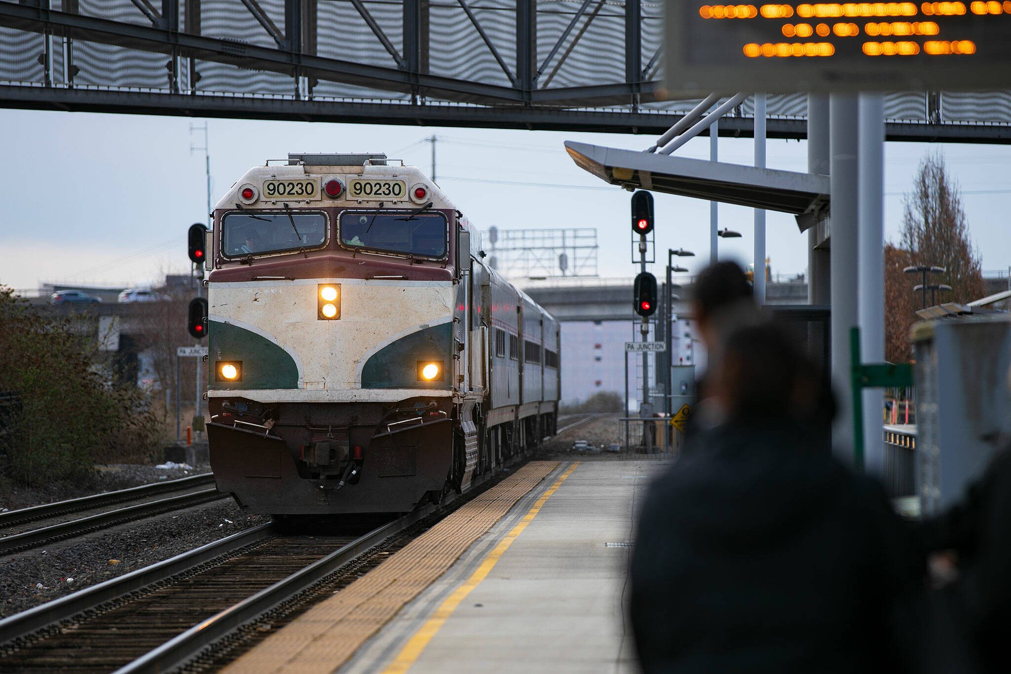 Ryan Berry / The Herald file photo
Amtrak Cascades train No. 517 from Vancouver, B.C., to Portland arrives at Everett Station March 9, 2023, in downtown Everett.