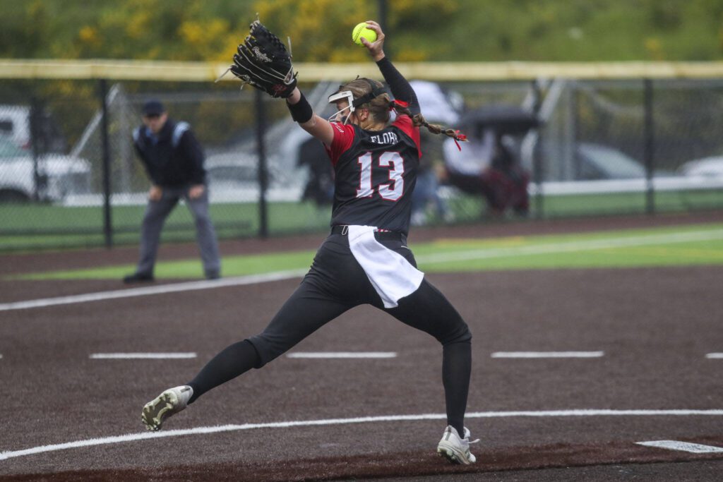 Snohomish’s Alex Flohr (13) pitches during a Class 3A District 1 softball championship game between Snohomish and Everett at Phil Johnson Fields in Everett, Washington on Thursday, May 16, 2024. Everett won, 10-0. (Annie Barker / The Herald)
