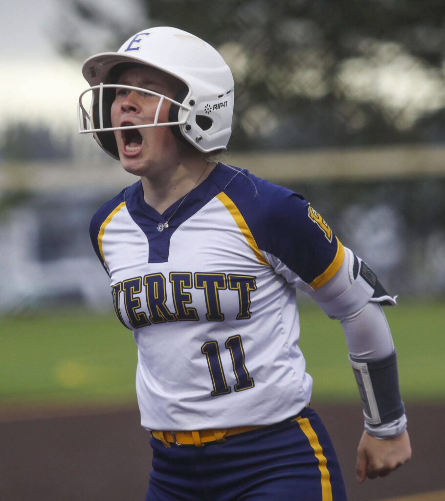 Everett’s Maddie Pewitt (11) reacts during a Class 3A District 1 softball championship game between Snohomish and Everett at Phil Johnson Fields in Everett, Washington on Thursday, May 16, 2024. Everett won, 10-0. (Annie Barker / The Herald)
