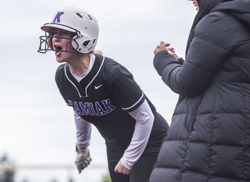 Kamiak’s Allyson McNulty reacts to getting a hit during the 4A district championship against Jackson on Friday, May 17, 2024 in Everett, Washington. (Olivia Vanni / The Herald)
