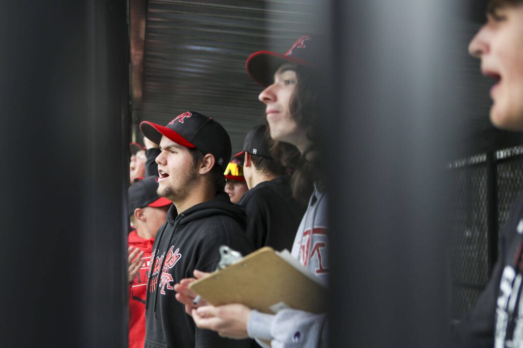 Mountlake Terrace players cheer in the dugout during a baseball game between Mountlake Terrace and Bishop Blanchet at Edmonds-Woodway High School in Edmonds, Washington on Saturday, May 18, 2024. Mountlake Terrace won, 12-7.(Annie Barker / The Herald)
