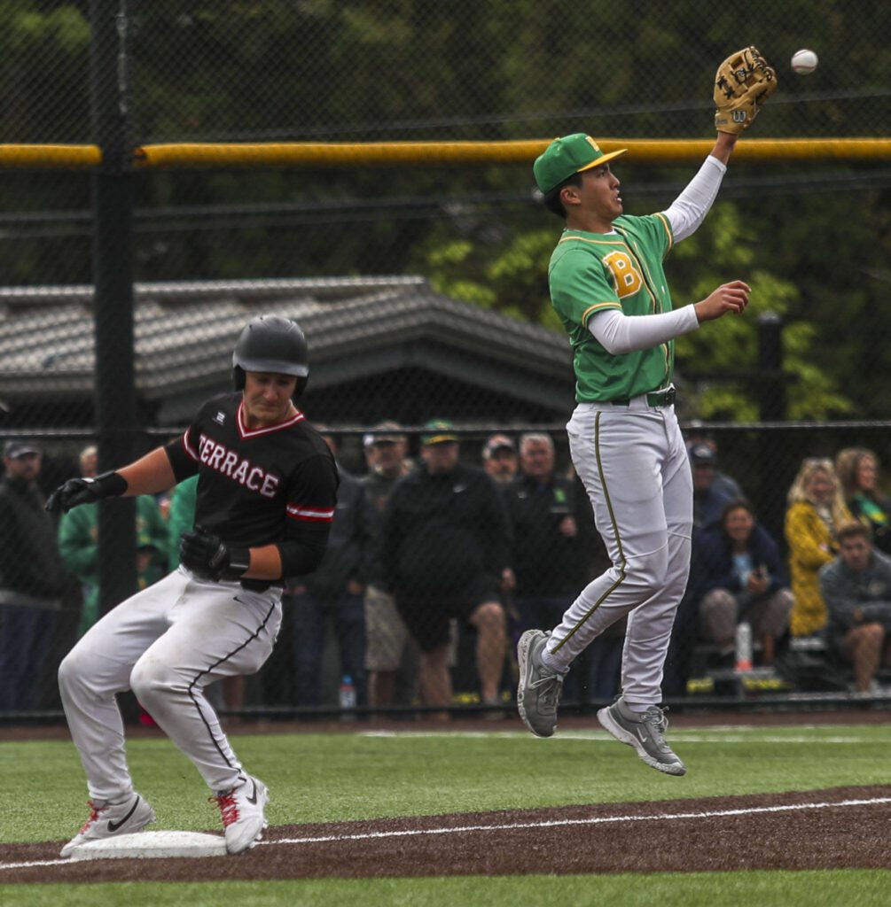 Mountlake Terrace’s Nolan Valdivia (5) steals third during a baseball game between Mountlake Terrace and Bishop Blanchet at Edmonds-Woodway High School in Edmonds, Washington on Saturday, May 18, 2024. Mountlake Terrace won, 12-7.(Annie Barker / The Herald)
