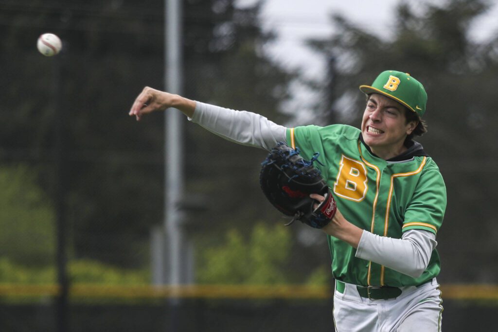 Bishop Blanchet’s Will Skibitzke (4) throws the ball during a baseball game between Mountlake Terrace and Bishop Blanchet at Edmonds-Woodway High School in Edmonds, Washington on Saturday, May 18, 2024. Mountlake Terrace won, 12-7.(Annie Barker / The Herald)
