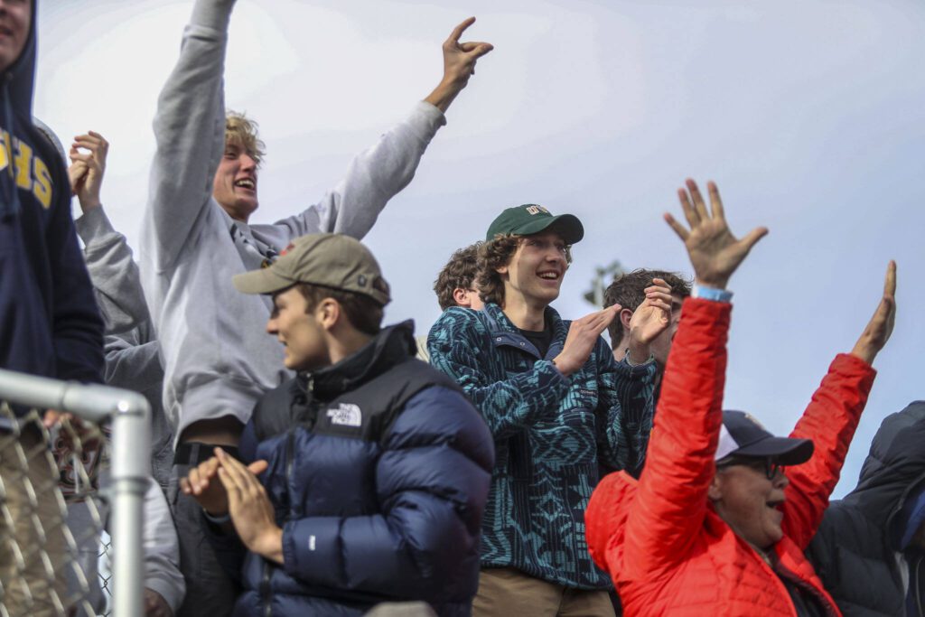Fans cheer during a baseball game between Mountlake Terrace and West Seattle at Edmonds-Woodway High School in Edmonds, Washington on Saturday, May 18, 2024. Mountlake Terrace lost, 9-10.(Annie Barker / The Herald)
